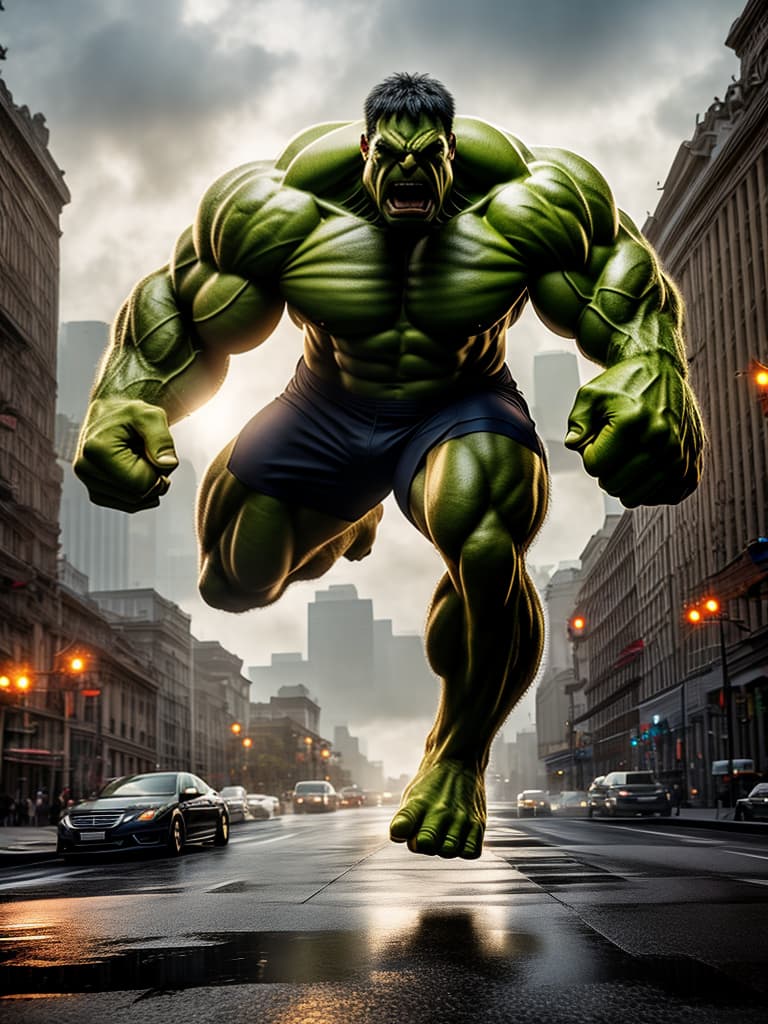  hulk hyperrealistic, full body, detailed clothing, highly detailed, cinematic lighting, stunningly beautiful, intricate, sharp focus, f/1. 8, 85mm, (centered image composition), (professionally color graded), ((bright soft diffused light)), volumetric fog, trending on instagram, trending on tumblr, HDR 4K, 8K