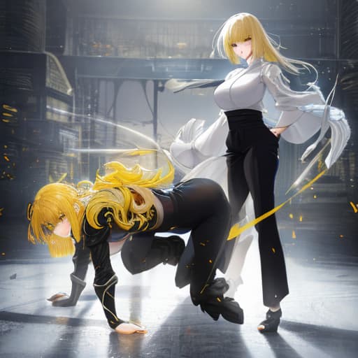  A beautiful With eyes that are blue on top and gradually turn yellow on the bottom short, wavy yellow hair with bangs , a short white , and wide black pants from anime Jujutsu Kaisen hyperrealistic, full body, detailed clothing, highly detailed, cinematic lighting, stunningly beautiful, intricate, sharp focus, f/1. 8, 85mm, (centered image composition), (professionally color graded), ((bright soft diffused light)), volumetric fog, trending on instagram, trending on tumblr, HDR 4K, 8K