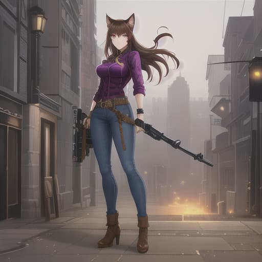  Cat girl, purple eyes, Brown hair, in a jean outfit, Narcotics, with weapons hyperrealistic, full body, detailed clothing, highly detailed, cinematic lighting, stunningly beautiful, intricate, sharp focus, f/1. 8, 85mm, (centered image composition), (professionally color graded), ((bright soft diffused light)), volumetric fog, trending on instagram, trending on tumblr, HDR 4K, 8K