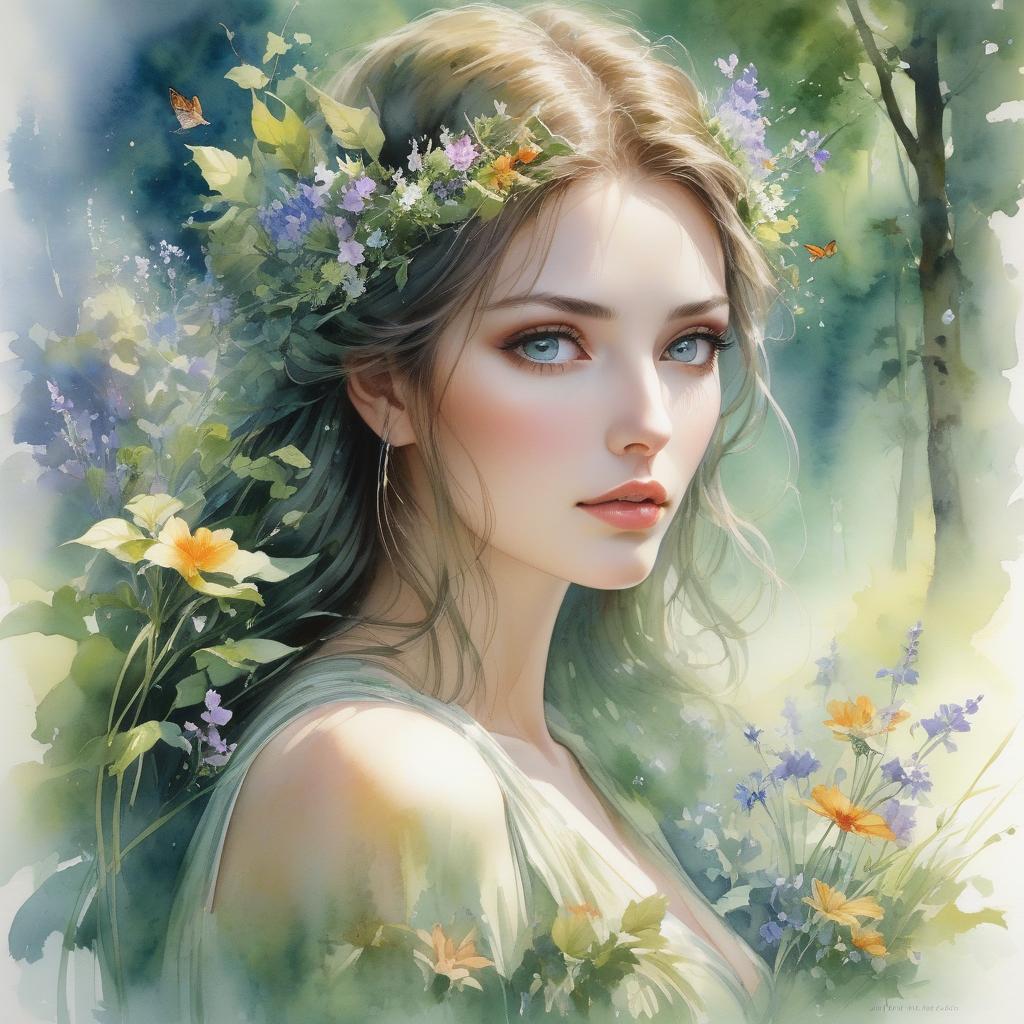  cinematic photo n the style of Nathalie Picoulet, an awe inspiring watercolor painting transports viewers to a magical forest. At the center of this enchanting scene stands a breathtakingly beautiful woman, her ethereal presence suffused with the essence of nature. Delicate brushstrokes depict her flowing hair intertwined with vibrant wildflowers, each petal meticulously detailed. Her emerald eyes emanate a captivating radiance, perfectly mirroring the lush greenery surrounding her. This meticulously crafted image evokes a sense of wonder, inviting spectators to explore the mystical world captured within this stunning watercolor masterpiece. . 35mm photograph, film, bokeh, professional, 4k, highly detailed hyperrealistic, full body, detailed clothing, highly detailed, cinematic lighting, stunningly beautiful, intricate, sharp focus, f/1. 8, 85mm, (centered image composition), (professionally color graded), ((bright soft diffused light)), volumetric fog, trending on instagram, trending on tumblr, HDR 4K, 8K