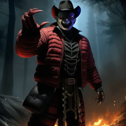  full body, fusion Freddy Krueger and a Reptile, malicious smile, bloody, gore, horror theme, nightmare, masterpiece, scale like skin, full body, lizard forked tongue, Freddy's knife fingers, , (masterpiece, best quality:1.5), HDR 4K, 8K