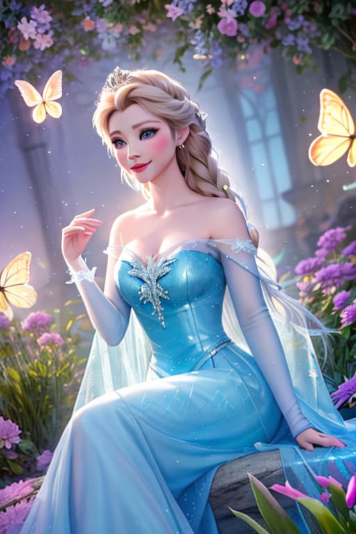  A highly detailed and realistic photo in the style of Disney, featuring a character resembling young Elsa. The image shows young Elsa wearing a sparkling blue dress, surrounded by glowing butterflies. She is sitting on a petal strewn ledge in a magical, dreamy environment. The scene is illuminated with soft, mystical light, creating an enchanting and whimsical atmosphere. Elsa's expression is filled with wonder and joy as she interacts with the butterflies. The background is softly blurred to keep the focus on Elsa and the butterflies hyperrealistic, full body, detailed clothing, highly detailed, cinematic lighting, stunningly beautiful, intricate, sharp focus, f/1. 8, 85mm, (centered image composition), (professionally color graded), ((bright soft diffused light)), volumetric fog, trending on instagram, trending on tumblr, HDR 4K, 8K