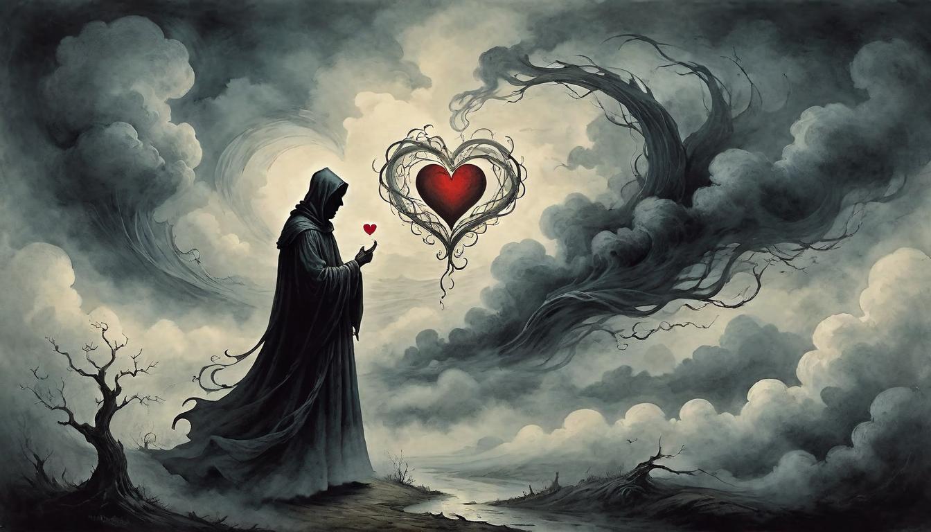  on parchment, surrealism+++, A shadowy figure, face obscured, holding a heart delicately, tendrils of dark mist weaving around the figure, background of swirling, somber clouds, empathy and vulnerability(mysterious, provocative, symbolic,muted color)+++