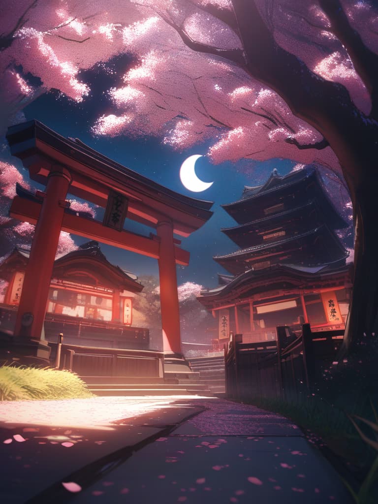  Scenery, Senbon Torii, cherry blossom petals, crescent moon, night, masterpiece, best quality,8k,ultra detailed,high resolution,an extremely delicate and beautiful,hyper detail