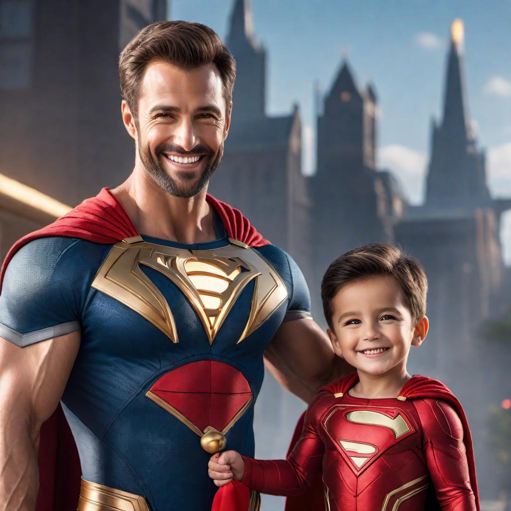  a 4-year-old boy with a big smile, standing next to his dad. His dad is depicted as a superhero with no cape, wearing everyday clothes but radiating an aura of strength and kindness. The background is simple and colorful. The style is cartoon-like, similar to a superhero comic. hyperrealistic, full body, detailed clothing, highly detailed, cinematic lighting, stunningly beautiful, intricate, sharp focus, f/1. 8, 85mm, (centered image composition), (professionally color graded), ((bright soft diffused light)), volumetric fog, trending on instagram, trending on tumblr, HDR 4K, 8K