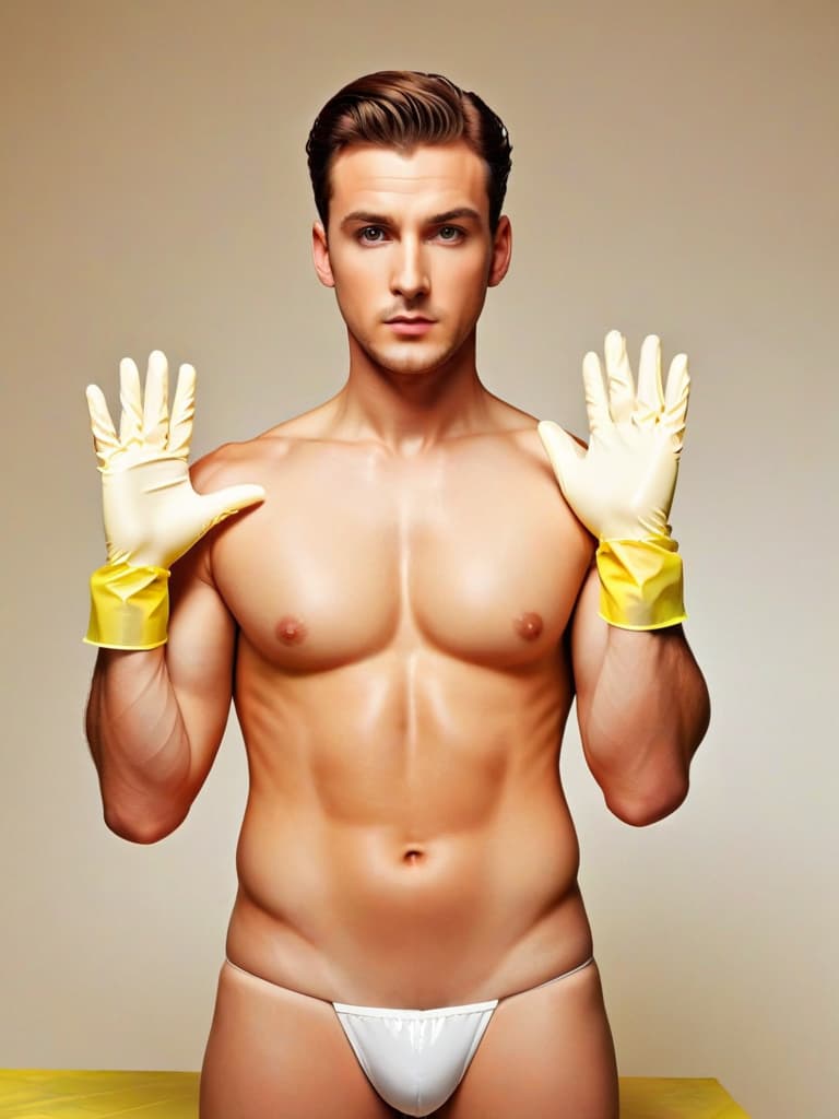  man wearing nothing but rubber gloves