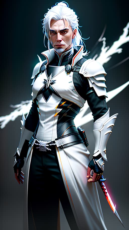  Create a character with white hair and white clothing, a white katana with lightning, a man standing full height on a black background., Digital art, glow effects, Hand drawn, render, 8k, octane render, cinema 4d, blender, dark, atmospheric 4k ultra detailed, cinematic sensual, Sharp focus, humorous illustration, big depth of field, Masterpiece, colors, 3d octane render, 4k, concept art, trending on artstation, hyperrealistic, Vivid colors, modelshoot style, (extremely detailed CG unity 8k wallpaper), professional majestic oil painting by Ed Blinkey, Atey Ghailan, Studio Ghibli, by Jeremy Mann, Greg Manchess, Antonio Moro, trending on ArtStation, trending on CGSociety, Intricate, High Detail, Sharp focus, dramatic, photorealistic painting a hyperrealistic, full body, detailed clothing, highly detailed, cinematic lighting, stunningly beautiful, intricate, sharp focus, f/1. 8, 85mm, (centered image composition), (professionally color graded), ((bright soft diffused light)), volumetric fog, trending on instagram, trending on tumblr, HDR 4K, 8K