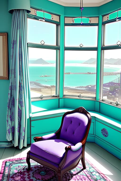  sf interior with purple and turquoise accents, birmingham furniture, circle window, sea view outside, vintage photo