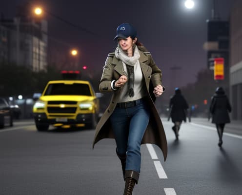  masterpiece, best quality, Female, genderswap, city, night, trench coat, boots, baseball hat, detective, Aiden Pearce, Watch dogs, scarf, running after some one, holding smartphone.