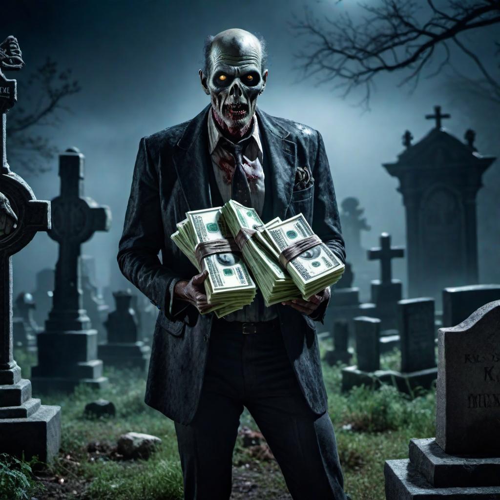  A zombie holding a stack of money in a spooky graveyard at night. hyperrealistic, full body, detailed clothing, highly detailed, cinematic lighting, stunningly beautiful, intricate, sharp focus, f/1. 8, 85mm, (centered image composition), (professionally color graded), ((bright soft diffused light)), volumetric fog, trending on instagram, trending on tumblr, HDR 4K, 8K