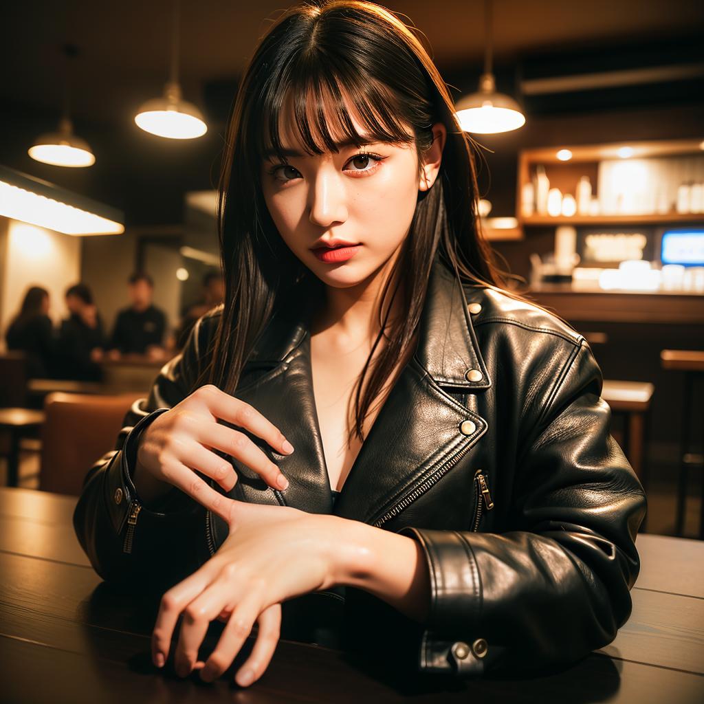  Best quality, masterpiece, ultra high res, (photorealistic:1.4), raw photo, close up, in coffeeshop, deep shadow, dark theme, sitting down, long hair, leather jacket, <lora:R0nSa3:1> hyperrealistic, full body, detailed clothing, highly detailed, cinematic lighting, stunningly beautiful, intricate, sharp focus, f/1. 8, 85mm, (centered image composition), (professionally color graded), ((bright soft diffused light)), volumetric fog, trending on instagram, trending on tumblr, HDR 4K, 8K