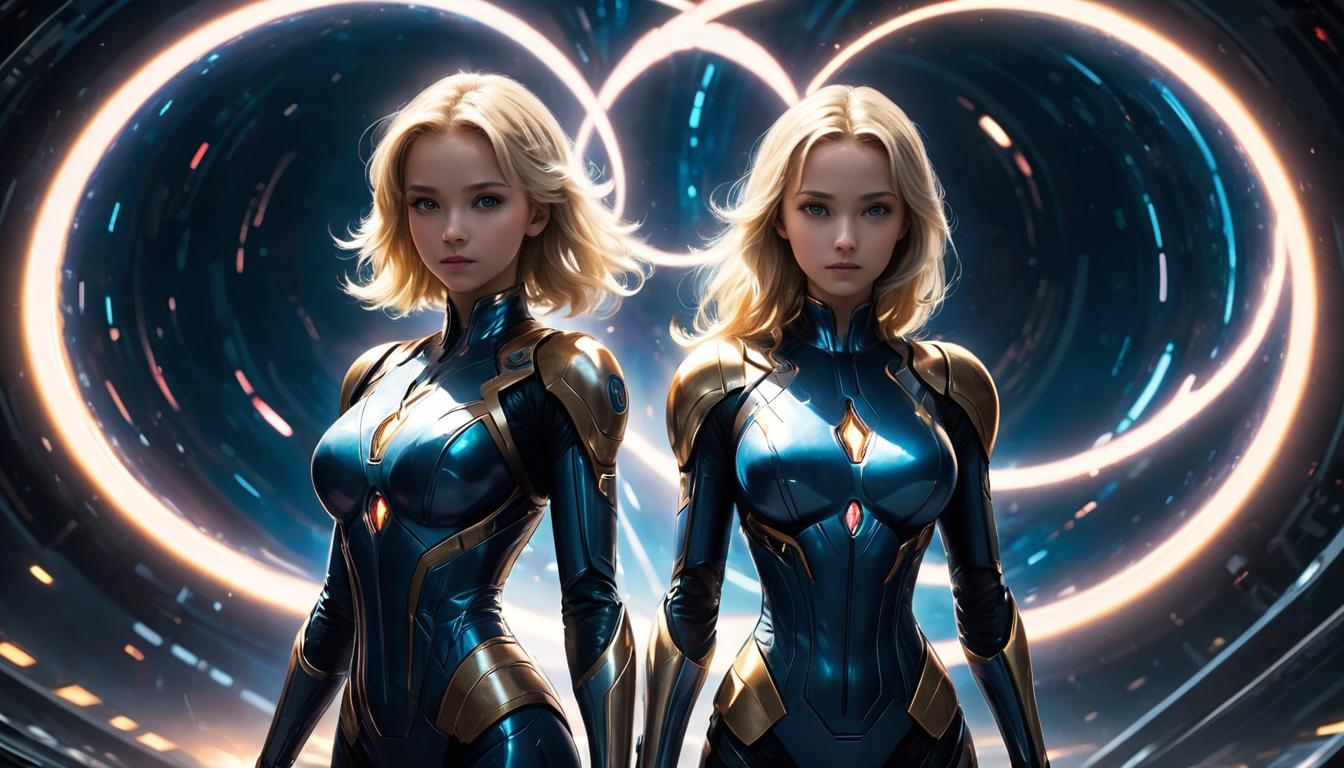  2girls, large busted attractive blonde arian female humanoids, standing hand in hand, creating a vortex of light, swirling energies around them, cosmic background, transformative aura, high tech clothing clad in sleek, futuristic costume with metallic accents and form fitting designs, marvel superhero comics style, unreal engine rendering