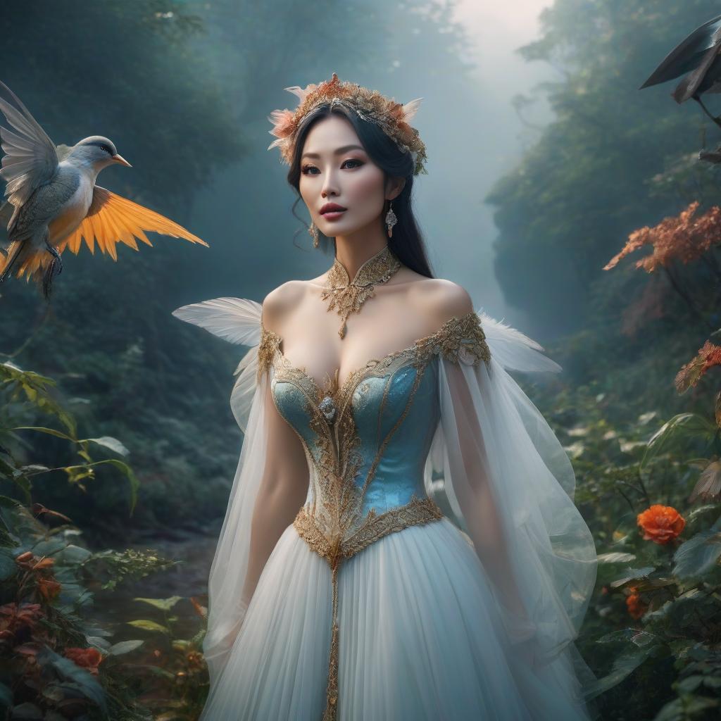  The Gamayun bird, a fairy tale setting. hyperrealistic, full body, detailed clothing, highly detailed, cinematic lighting, stunningly beautiful, intricate, sharp focus, f/1. 8, 85mm, (centered image composition), (professionally color graded), ((bright soft diffused light)), volumetric fog, trending on instagram, trending on tumblr, HDR 4K, 8K