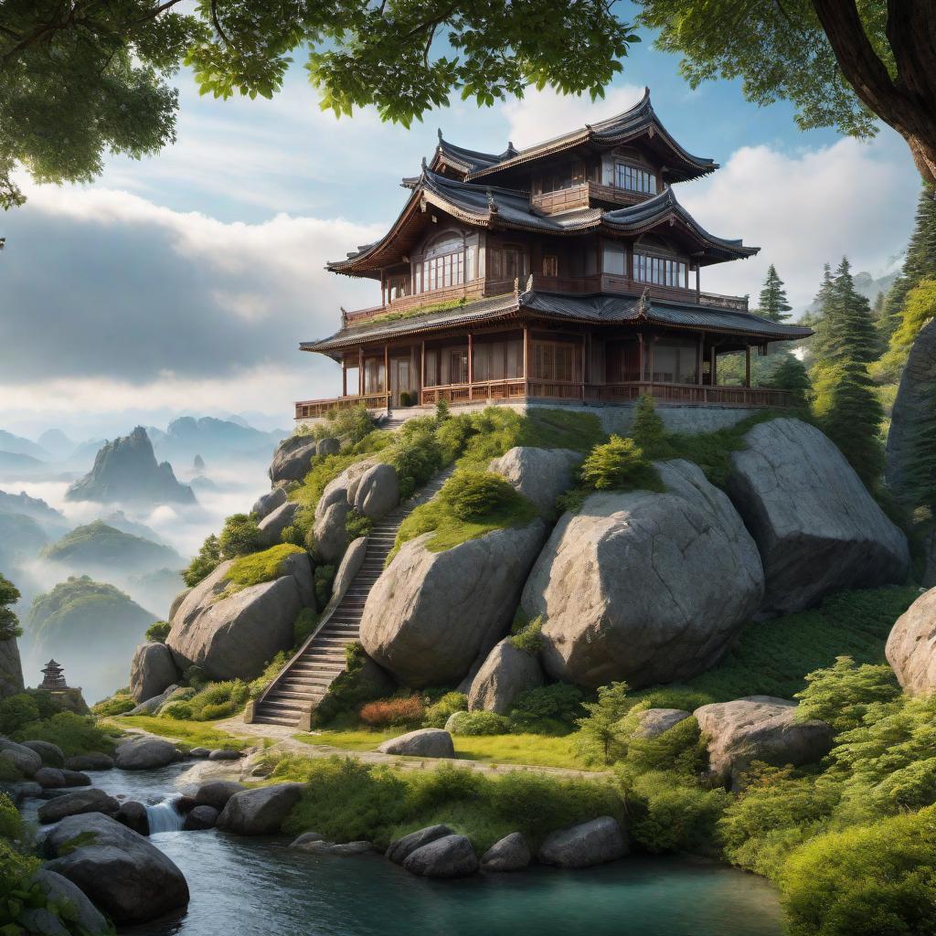  A serene landscape with a sturdy, beautiful house firmly built upon a large rock. The house appears strong and stable, representing wisdom and reliability. The background should feature a clear sky with soft clouds, a peaceful atmosphere, and lush greenery surrounding the rock, emphasizing the idea of a solid, well-built foundation. The overall scene should evoke a sense of calm, strength, and assurance. hyperrealistic, full body, detailed clothing, highly detailed, cinematic lighting, stunningly beautiful, intricate, sharp focus, f/1. 8, 85mm, (centered image composition), (professionally color graded), ((bright soft diffused light)), volumetric fog, trending on instagram, trending on tumblr, HDR 4K, 8K