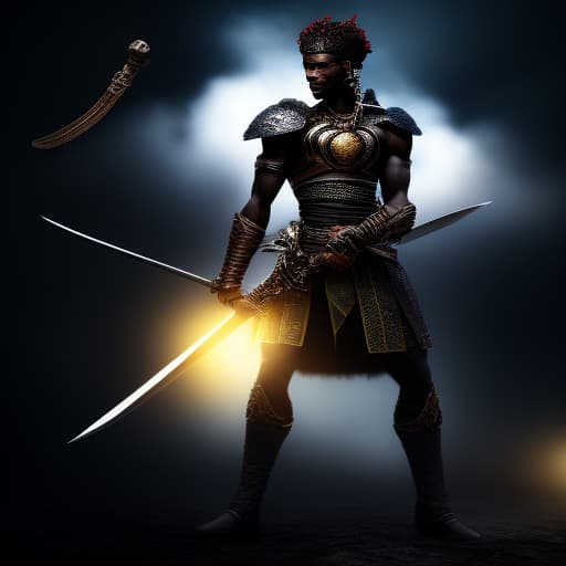  A Young African warrior in a middle of a battle with sword in dust hyperrealistic, full body, detailed clothing, highly detailed, cinematic lighting, stunningly beautiful, intricate, sharp focus, f/1. 8, 85mm, (centered image composition), (professionally color graded), ((bright soft diffused light)), volumetric fog, trending on instagram, trending on tumblr, HDR 4K, 8K