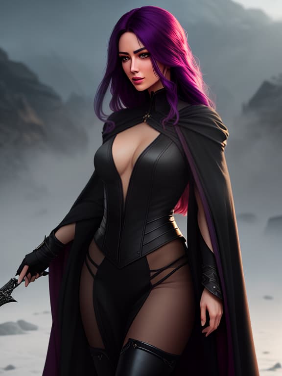  Looking at the sky, a young beautiful woman an assassin in a black robe, black pants, and boots, her hair the color of a plum, incredibly, fatally, cleverly, elegantly, with high detail. (Masterpiece: (best quality:1.3), brightly drawn eyes) hyperrealistic, full body, detailed clothing, highly detailed, cinematic lighting, stunningly beautiful, intricate, sharp focus, f/1. 8, 85mm, (centered image composition), (professionally color graded), ((bright soft diffused light)), volumetric fog, trending on instagram, trending on tumblr, HDR 4K, 8K