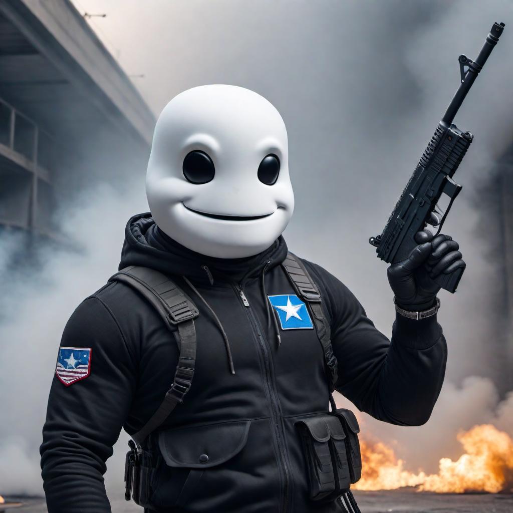  Pillsbury Doughboy wearing a black ski mask and black Air Force One sneakers, holding a gun in one hand and standing in a confident pose hyperrealistic, full body, detailed clothing, highly detailed, cinematic lighting, stunningly beautiful, intricate, sharp focus, f/1. 8, 85mm, (centered image composition), (professionally color graded), ((bright soft diffused light)), volumetric fog, trending on instagram, trending on tumblr, HDR 4K, 8K