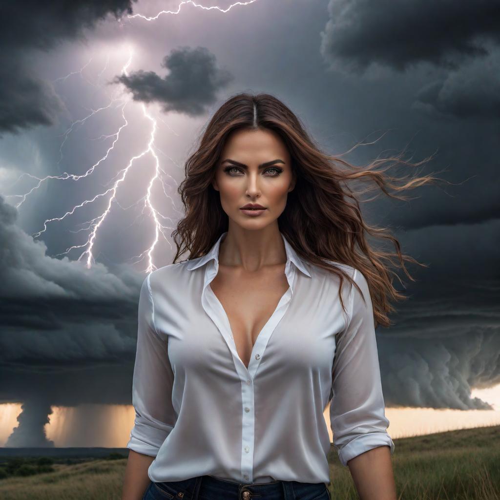  A woman with hazel eyes standing firm amid a storm, wearing regular clothes. The background depicts a chaotic storm with dark clouds and powerful winds, but she remains unwavering, exuding inner peace and strength. hyperrealistic, full body, detailed clothing, highly detailed, cinematic lighting, stunningly beautiful, intricate, sharp focus, f/1. 8, 85mm, (centered image composition), (professionally color graded), ((bright soft diffused light)), volumetric fog, trending on instagram, trending on tumblr, HDR 4K, 8K