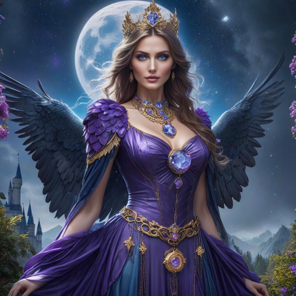  Fairy tale blue eyed eagle. Neuschwanstein. The girl in the gold dress. A very pretty girl. Garden of Eden. Rain. Flying saucer. Space, fantasy. Purple, blue, silver colors. Moon. Amethyst in the shape of a star, necklace around the neck of a girl. hyperrealistic, full body, detailed clothing, highly detailed, cinematic lighting, stunningly beautiful, intricate, sharp focus, f/1. 8, 85mm, (centered image composition), (professionally color graded), ((bright soft diffused light)), volumetric fog, trending on instagram, trending on tumblr, HDR 4K, 8K