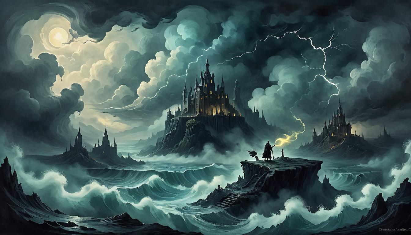  on parchment, surrealism+++, A precipice at the edge of a dark abyss, stormy clouds swirling above, faint glow underneath hinting at hidden depths, air filled with electric anticipation, foreboding, impending revelation(mysterious, provocative, symbolic,muted color)+++