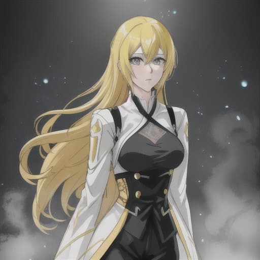  A beautiful With eyes that are blue on top and gradually turn yellow on the bottom short, wavy yellow hair with bangs , a short white , and wide black pants from anime Jujutsu Kaisen hyperrealistic, full body, detailed clothing, highly detailed, cinematic lighting, stunningly beautiful, intricate, sharp focus, f/1. 8, 85mm, (centered image composition), (professionally color graded), ((bright soft diffused light)), volumetric fog, trending on instagram, trending on tumblr, HDR 4K, 8K