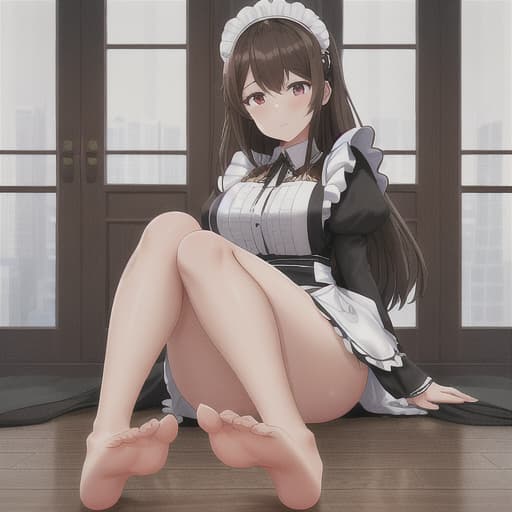  (score 9,score 8 up,score 7 up,),1girl,solo,maid,maid headdress,looking at viewer,apron,brown hair,indoors,black hair,bare foot,feet focus,two feet hyperrealistic, full body, detailed clothing, highly detailed, cinematic lighting, stunningly beautiful, intricate, sharp focus, f/1. 8, 85mm, (centered image composition), (professionally color graded), ((bright soft diffused light)), volumetric fog, trending on instagram, trending on tumblr, HDR 4K, 8K